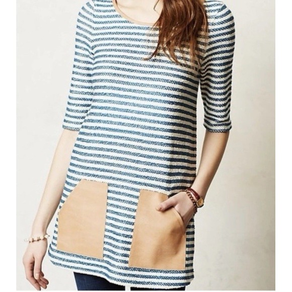 Postmark ANTHROPOLOGIE Top Size M Sapony Striped Tunic Blue White‎ Faux Leather - Picture 1 of 12